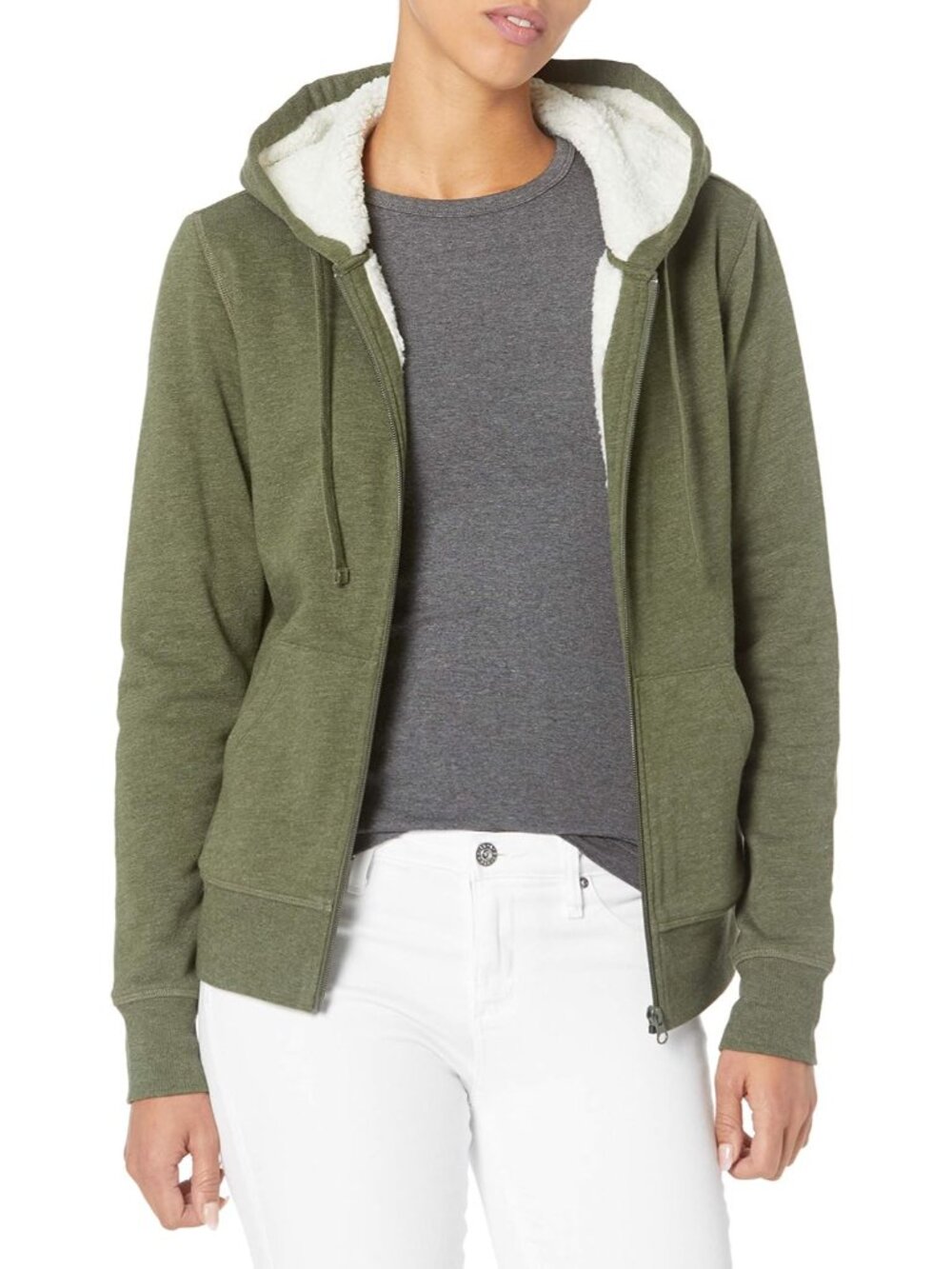 Women's Sherpa-Lined Fleece Full-Zip Hooded Jacket with Drawstring Available in